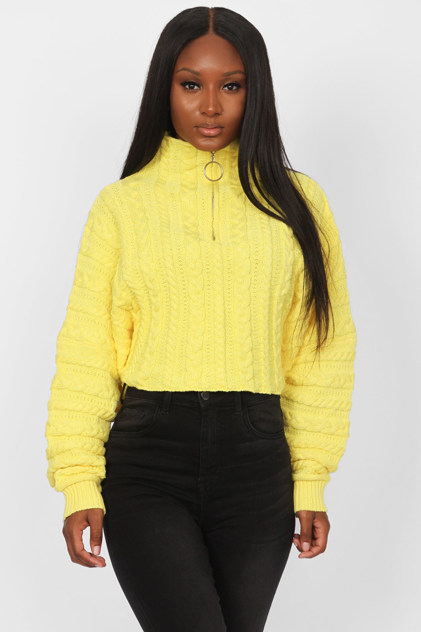 TOP CROP O-RING ZIPPER CABLE KNIT SWEATER